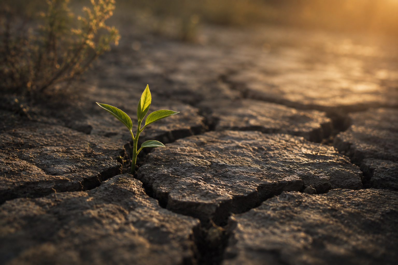 A small green shoot emerging through cracked dry earth, illuminated by warm golden light.