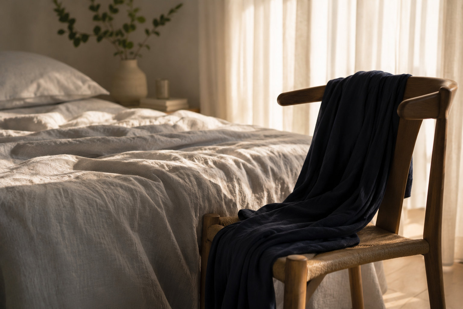 Dark blue clothing draped over a wooden chair beside a bed with light grey linen, illuminated by soft morning light.