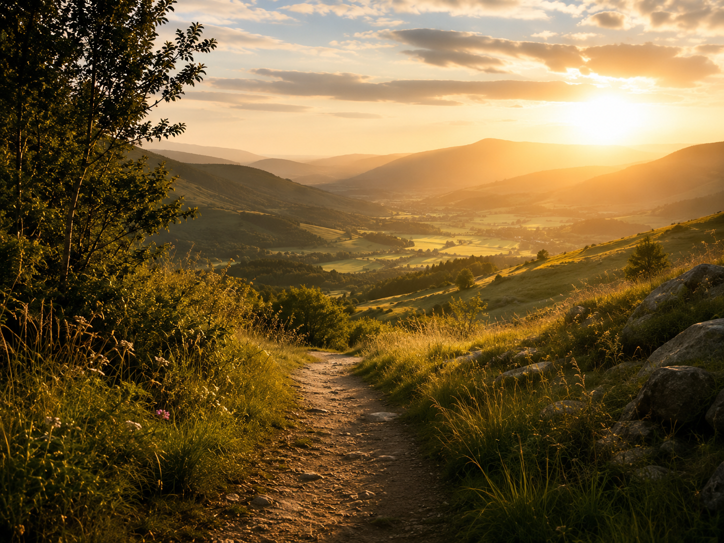 A winding path leading into a sunlit valley at golden hour, representing self-discovery, personal growth, and the journey toward greater authenticity and self-expression.
