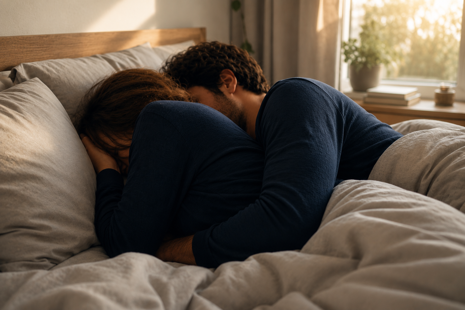 A couple embracing in bed in soft morning light, representing emotional intimacy, connection, and the importance of understanding our needs within relationships.