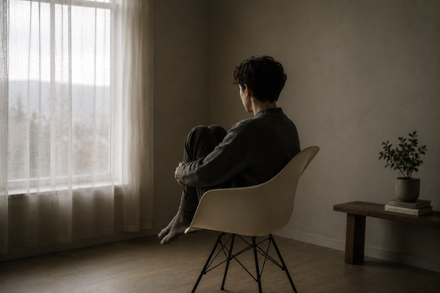 A young person sits alone by a window in quiet reflection, representing emotional awareness, self-connection, and the journey of reconnecting with the body.